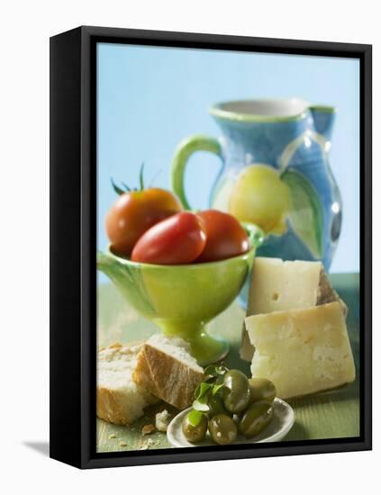 Still Life with Olives, Tomatoes, Cheese and White Bread-null-Framed Premier Image Canvas