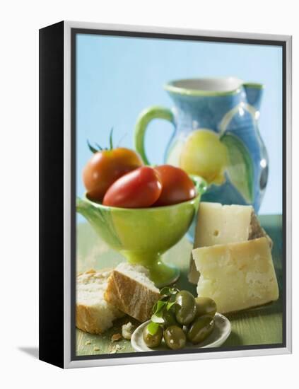 Still Life with Olives, Tomatoes, Cheese and White Bread-null-Framed Premier Image Canvas