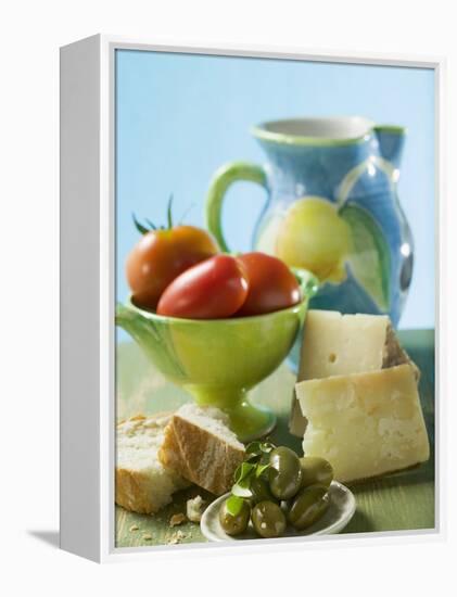 Still Life with Olives, Tomatoes, Cheese and White Bread-null-Framed Premier Image Canvas