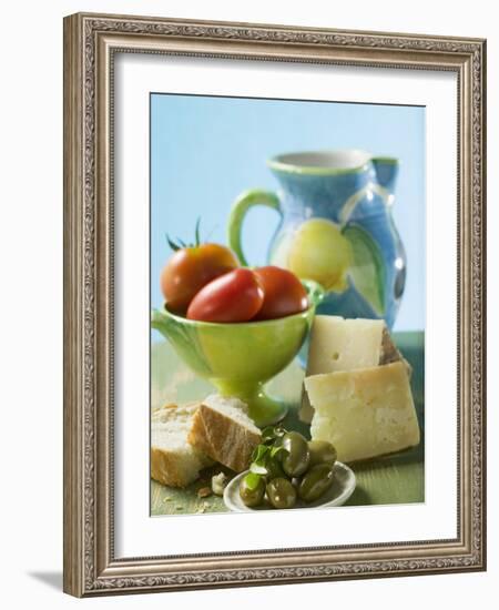 Still Life with Olives, Tomatoes, Cheese and White Bread-null-Framed Photographic Print