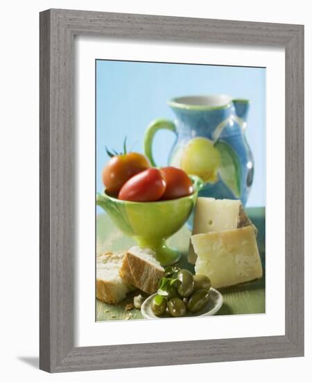 Still Life with Olives, Tomatoes, Cheese and White Bread-null-Framed Photographic Print