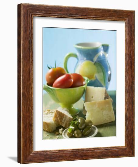 Still Life with Olives, Tomatoes, Cheese and White Bread-null-Framed Photographic Print