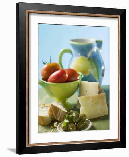 Still Life with Olives, Tomatoes, Cheese and White Bread-null-Framed Photographic Print