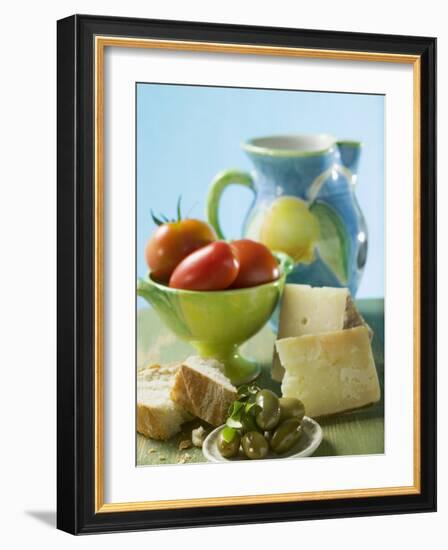 Still Life with Olives, Tomatoes, Cheese and White Bread-null-Framed Photographic Print