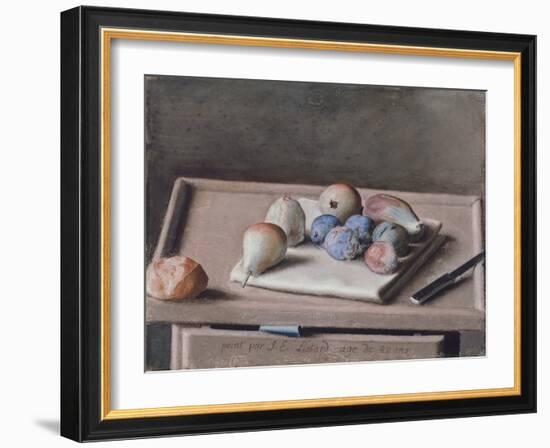 Still Life with Pears, Figs, Prunes, Bread Roll and Knife on Table, 1782-Jean-Etienne Liotard-Framed Giclee Print