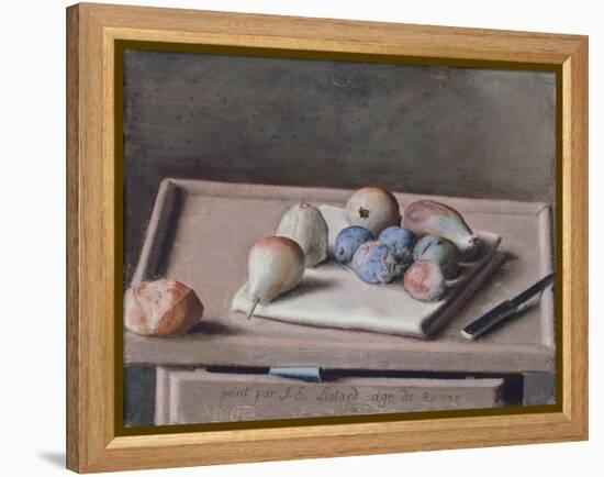 Still Life with Pears, Figs, Prunes, Bread Roll and Knife on Table, 1782-Jean-Etienne Liotard-Framed Premier Image Canvas