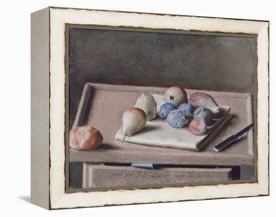 Still Life with Pears, Figs, Prunes, Bread Roll and Knife on Table, 1782-Jean-Etienne Liotard-Framed Premier Image Canvas