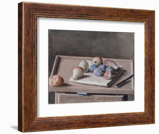 Still Life with Pears, Figs, Prunes, Bread Roll and Knife on Table, 1782-Jean-Etienne Liotard-Framed Giclee Print