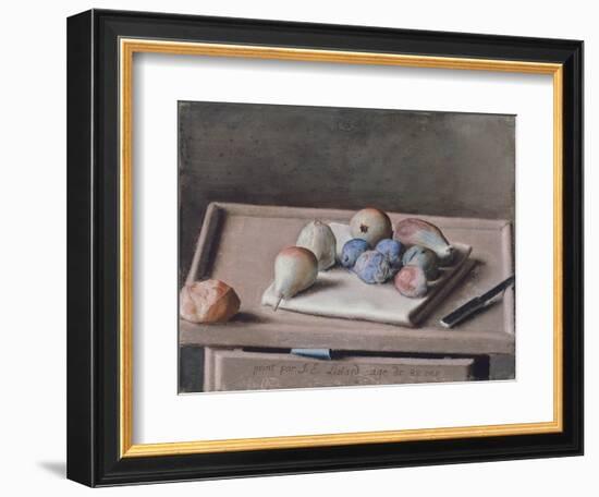 Still Life with Pears, Figs, Prunes, Bread Roll and Knife on Table, 1782-Jean-Etienne Liotard-Framed Giclee Print