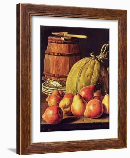 Still Life with Pears, Melon and Barrel for Marinading-Luis Egidio Melendez-Framed Giclee Print