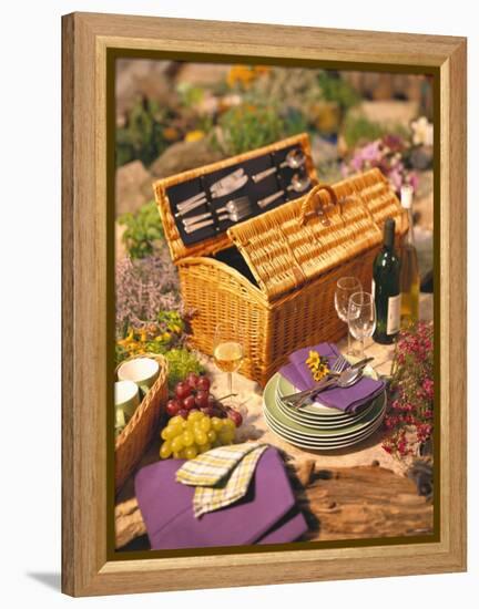 Still Life with Picnic Basket, Crockery, Glasses and Wine-Alena Hrbkova-Framed Premier Image Canvas