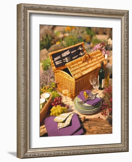 Still Life with Picnic Basket, Crockery, Glasses and Wine-Alena Hrbkova-Framed Photographic Print