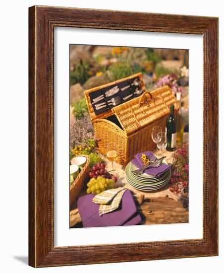 Still Life with Picnic Basket, Crockery, Glasses and Wine-Alena Hrbkova-Framed Photographic Print