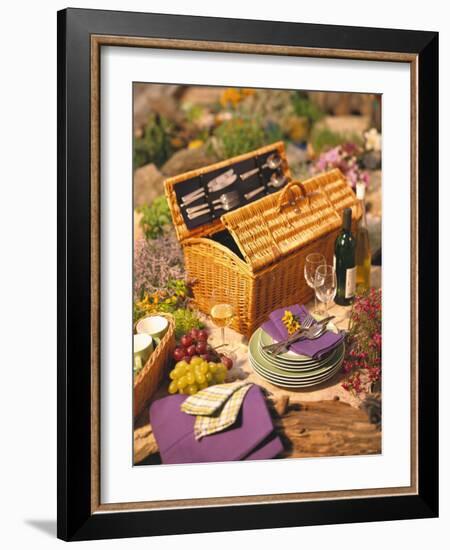 Still Life with Picnic Basket, Crockery, Glasses and Wine-Alena Hrbkova-Framed Photographic Print