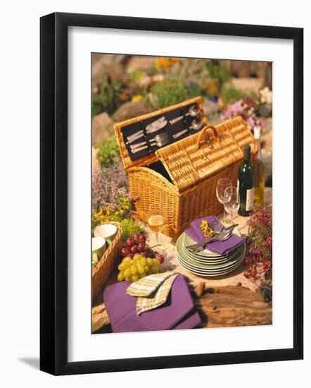 Still Life with Picnic Basket, Crockery, Glasses and Wine-Alena Hrbkova-Framed Photographic Print