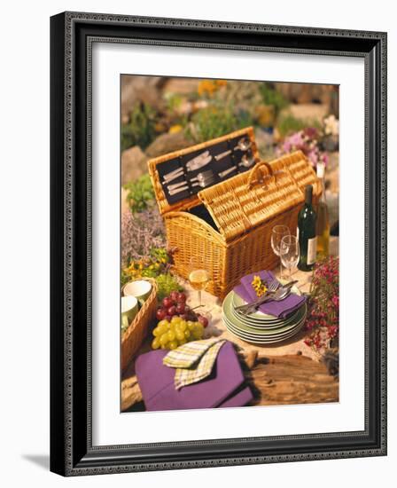 Still Life with Picnic Basket, Crockery, Glasses and Wine-Alena Hrbkova-Framed Photographic Print