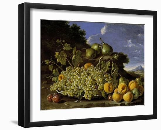 Still Life With Plate Of Grapes, Peaches, Pears And Plums In A Landscape, c.1771-Luis Egidio Melendez-Framed Giclee Print