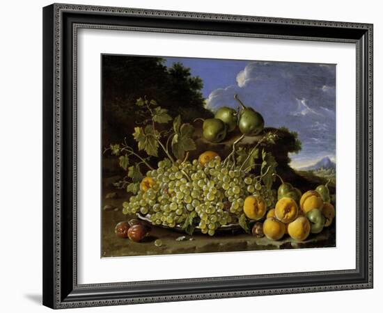 Still Life With Plate Of Grapes, Peaches, Pears And Plums In A Landscape, c.1771-Luis Egidio Melendez-Framed Giclee Print