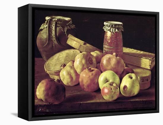 Still Life with Pomegranates, Apples, a Pot of Jam and a Stone Pot-Luis Egidio Melendez-Framed Premier Image Canvas