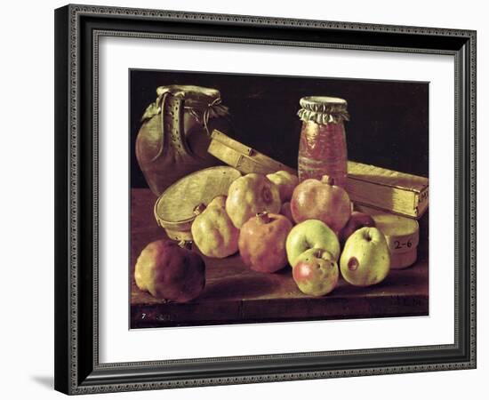 Still Life with Pomegranates, Apples, a Pot of Jam and a Stone Pot-Luis Egidio Melendez-Framed Giclee Print