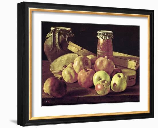 Still Life with Pomegranates, Apples, a Pot of Jam and a Stone Pot-Luis Egidio Melendez-Framed Giclee Print