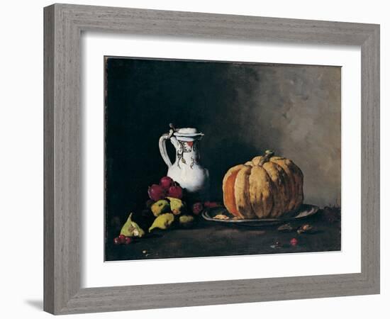 Still Life with Pumpkin, Plums, Cherries, Figs and Jug, Ca 1860-Théodule Augustin Ribot-Framed Giclee Print