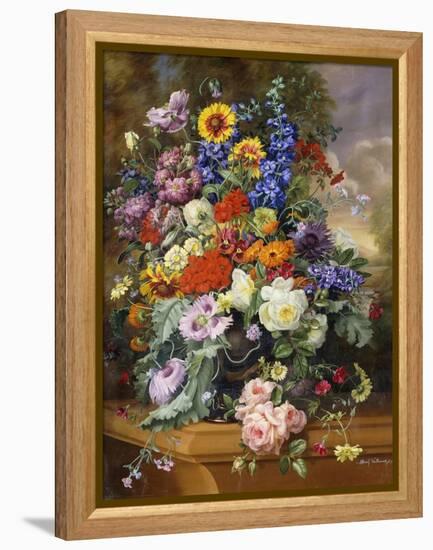 Still Life with Roses, Delphiniums, Poppies, and Marigolds on a Ledge-Albert Williams-Framed Premier Image Canvas