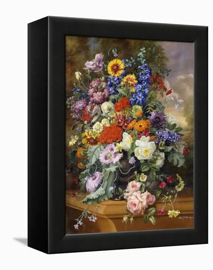 Still Life with Roses, Delphiniums, Poppies, and Marigolds on a Ledge-Albert Williams-Framed Premier Image Canvas