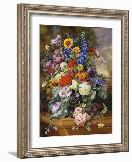 Still Life with Roses, Delphiniums, Poppies, and Marigolds on a Ledge-Albert Williams-Framed Giclee Print