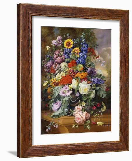 Still Life with Roses, Delphiniums, Poppies, and Marigolds on a Ledge-Albert Williams-Framed Giclee Print