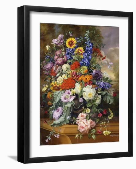 Still Life with Roses, Delphiniums, Poppies, and Marigolds on a Ledge-Albert Williams-Framed Giclee Print