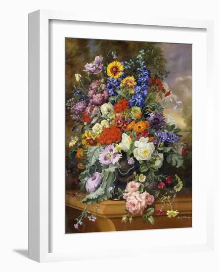 Still Life with Roses, Delphiniums, Poppies, and Marigolds on a Ledge-Albert Williams-Framed Giclee Print