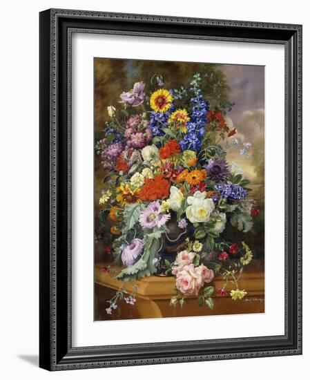 Still Life with Roses, Delphiniums, Poppies, and Marigolds on a Ledge-Albert Williams-Framed Giclee Print