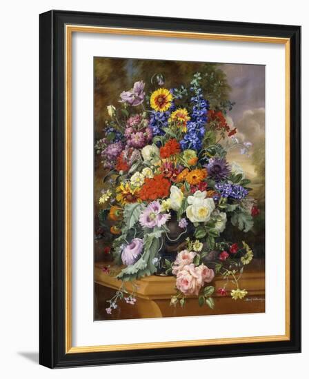 Still Life with Roses, Delphiniums, Poppies, and Marigolds on a Ledge-Albert Williams-Framed Giclee Print