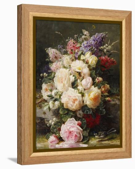 Still Life with Roses, Syringas and a Blue Tit on a Mossy Bank-Jean Baptiste Claude Robie-Framed Premier Image Canvas