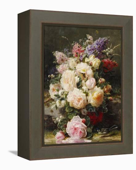 Still Life with Roses, Syringas and a Blue Tit on a Mossy Bank-Jean Baptiste Claude Robie-Framed Premier Image Canvas