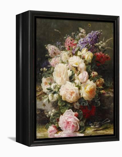 Still Life with Roses, Syringas and a Blue Tit on a Mossy Bank-Jean Baptiste Claude Robie-Framed Premier Image Canvas