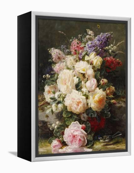 Still Life with Roses, Syringas and a Blue Tit on a Mossy Bank-Jean Baptiste Claude Robie-Framed Premier Image Canvas