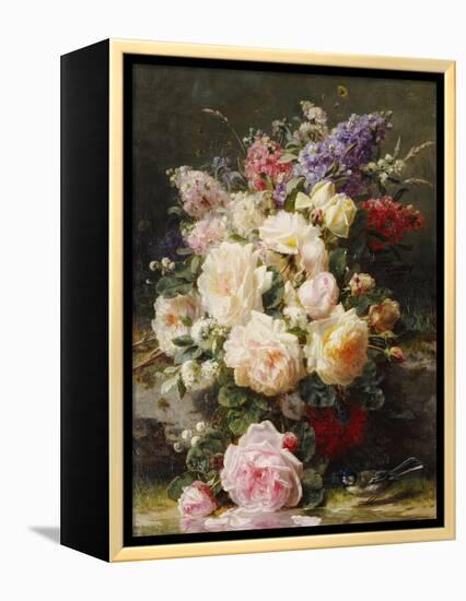 Still Life with Roses, Syringas and a Blue Tit on a Mossy Bank-Jean Baptiste Claude Robie-Framed Premier Image Canvas