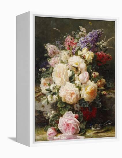 Still Life with Roses, Syringas and a Blue Tit on a Mossy Bank-Jean Baptiste Claude Robie-Framed Premier Image Canvas