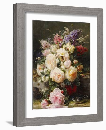 Still Life with Roses, Syringas and a Blue Tit on a Mossy Bank-Jean Baptiste Claude Robie-Framed Giclee Print