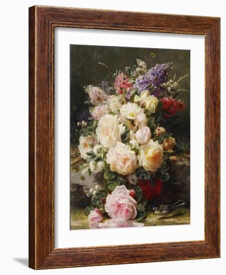 Still Life with Roses, Syringas and a Blue Tit on a Mossy Bank-Jean Baptiste Claude Robie-Framed Giclee Print