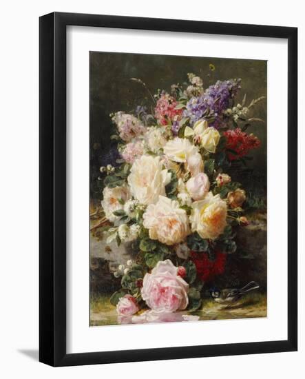 Still Life with Roses, Syringas and a Blue Tit on a Mossy Bank-Jean Baptiste Claude Robie-Framed Giclee Print