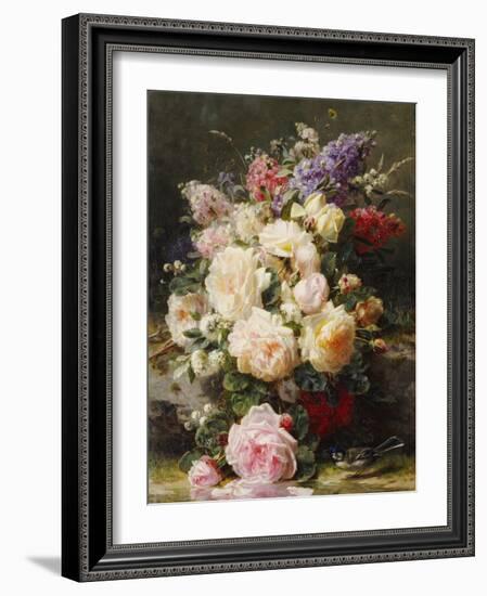 Still Life with Roses, Syringas and a Blue Tit on a Mossy Bank-Jean Baptiste Claude Robie-Framed Giclee Print