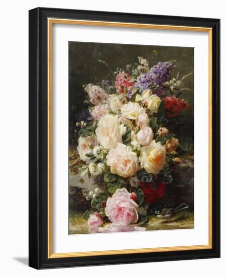 Still Life with Roses, Syringas and a Blue Tit on a Mossy Bank-Jean Baptiste Claude Robie-Framed Giclee Print