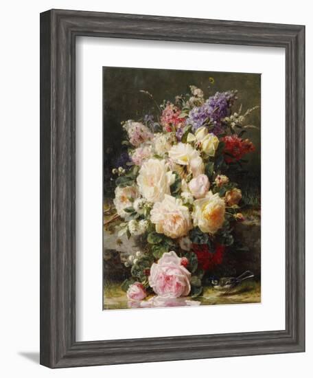 Still Life with Roses, Syringas and a Blue Tit on a Mossy Bank-Jean Baptiste Claude Robie-Framed Giclee Print