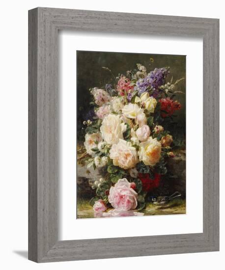 Still Life with Roses, Syringas and a Blue Tit on a Mossy Bank-Jean Baptiste Claude Robie-Framed Giclee Print