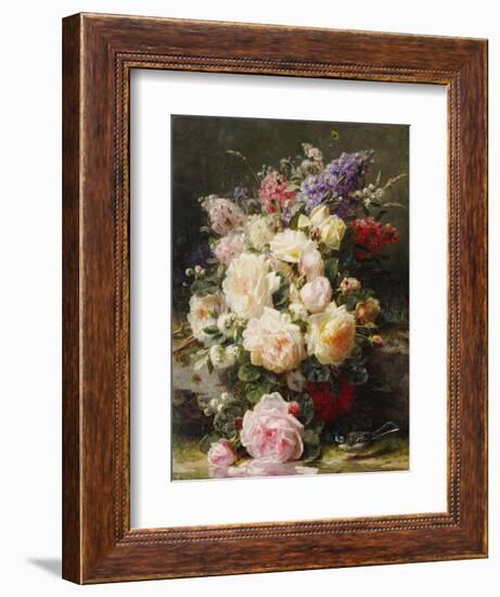 Still Life with Roses, Syringas and a Blue Tit on a Mossy Bank-Jean Baptiste Claude Robie-Framed Giclee Print