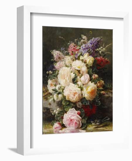 Still Life with Roses, Syringas and a Blue Tit on a Mossy Bank-Jean Baptiste Claude Robie-Framed Giclee Print