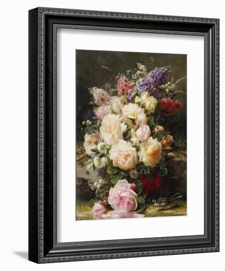 Still Life with Roses, Syringas and a Blue Tit on a Mossy Bank-Jean Baptiste Claude Robie-Framed Giclee Print